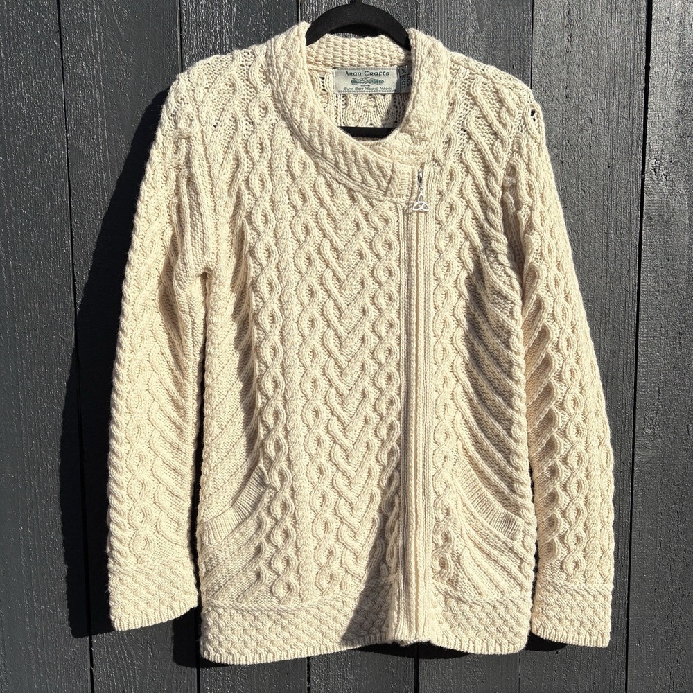 Aran Crafts Merino Wool Full Zip Cardigan M Fisherman Chunky Cable Knit Grandpa